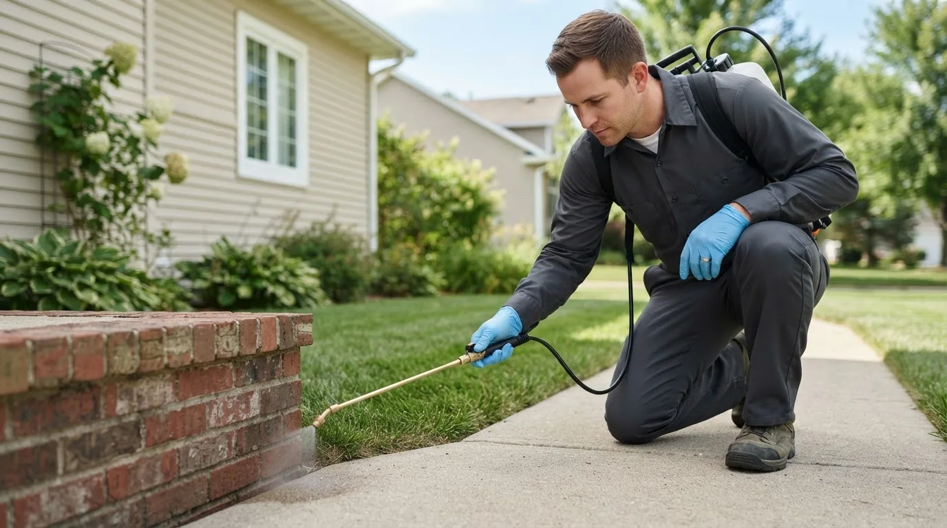 Pest control technician treating a home near Bennett, IA