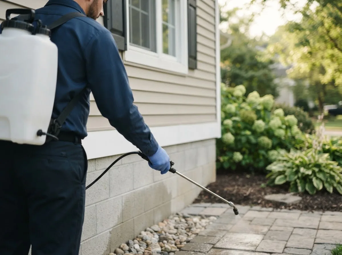 Pest control technician inspecting a home in Bennett, IA